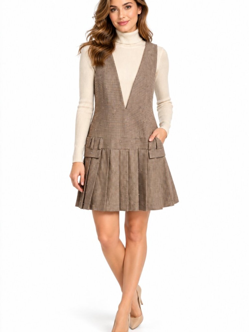 ZARA Plaid Sequin Pleated V-Neck Pinafore Mini Dress -XS